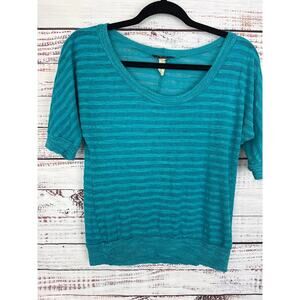 Womens VTG Y2K DEB Teal Blue Dolman Sleeve Knit Sheer Stripe Scoop Neck Top Sz L